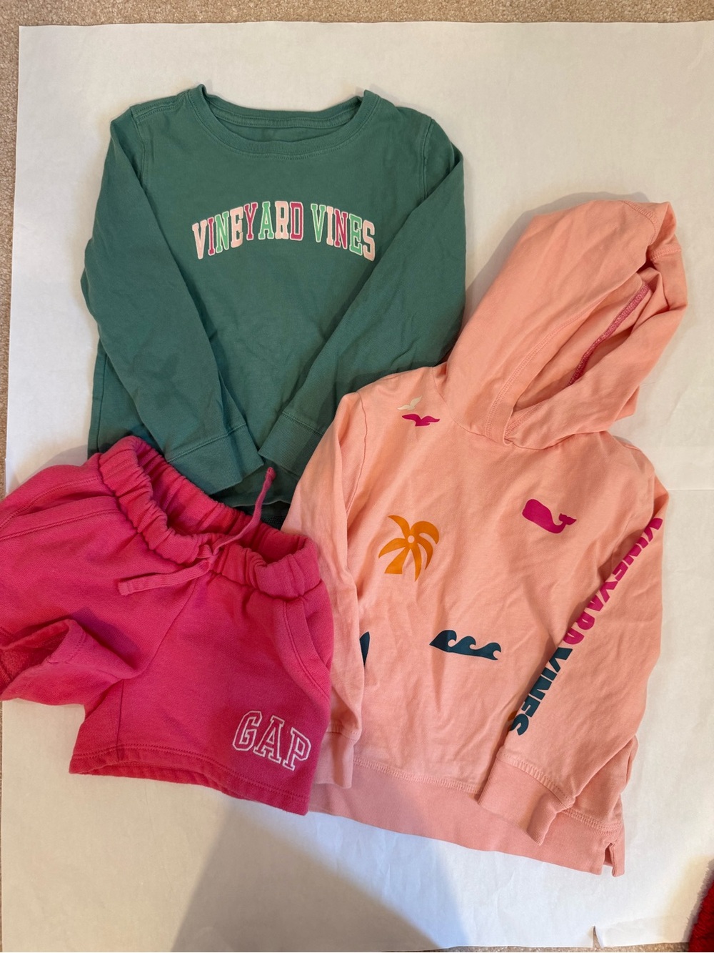 Vineyard Vines Green Logo Sweatshirt with Peach Hoodie & Bright Pink GAP Shorts